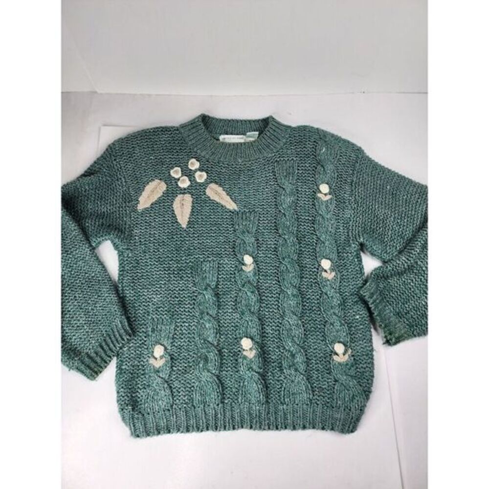 Shenanigans Womens Small Vintage Knitted By Hand Sweater Grandma Green Floral